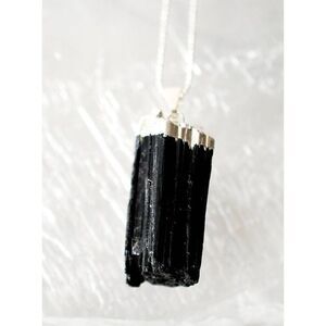 Black Tourmaline Rod Pendant Necklace /Electroplated Silver Tourmaline Gemstone